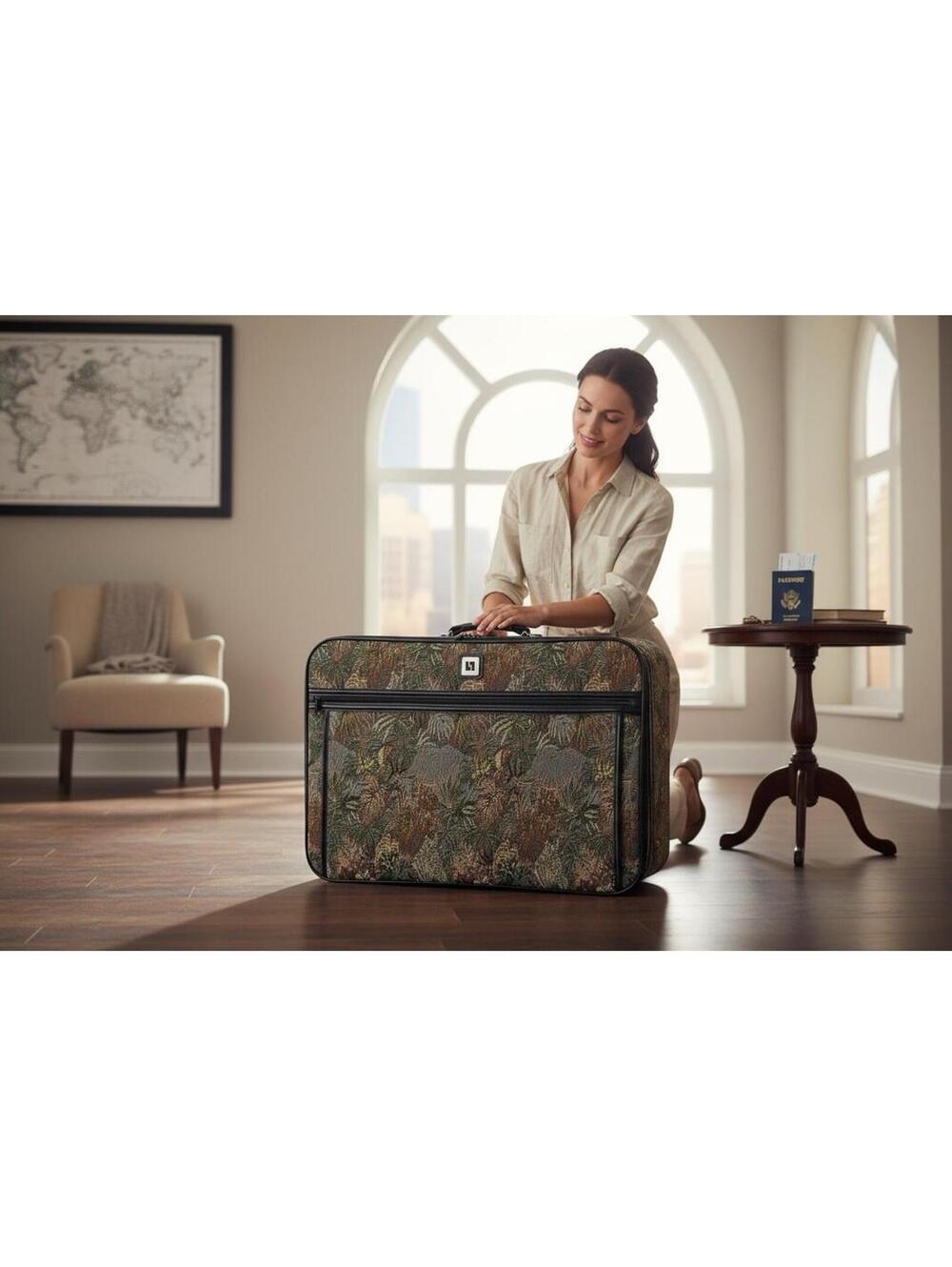 Vintage Leisure brand tapestry suitcase with a jungle floral pattern.